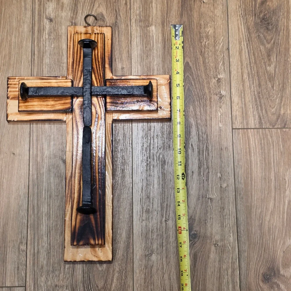 Handcrafted Distressed Wood Cross, Black Metal Nail Spikes, Rustic Spiritual Art
